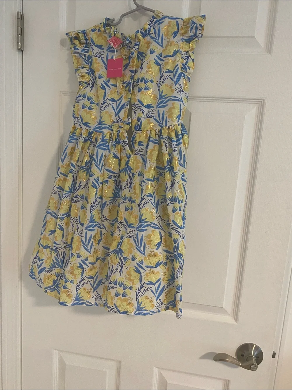 Isaac Mizrahi Yellow and Blue Floral Ruffle-Shoulder Cotton Dress
